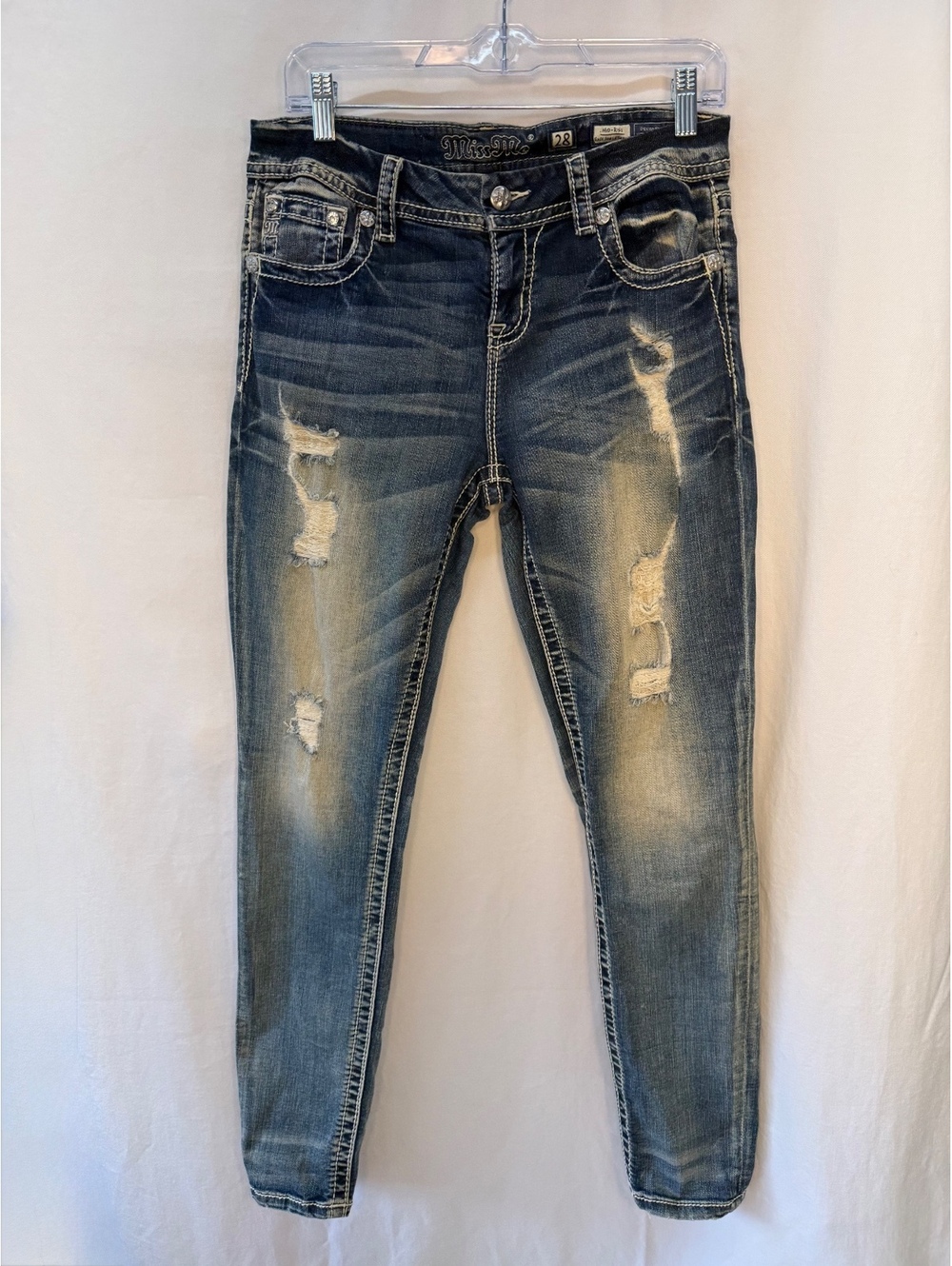 Miss Me Mid Rise Easy Ankle Skinny Jeans Size 28 Distressed Embellished Beads